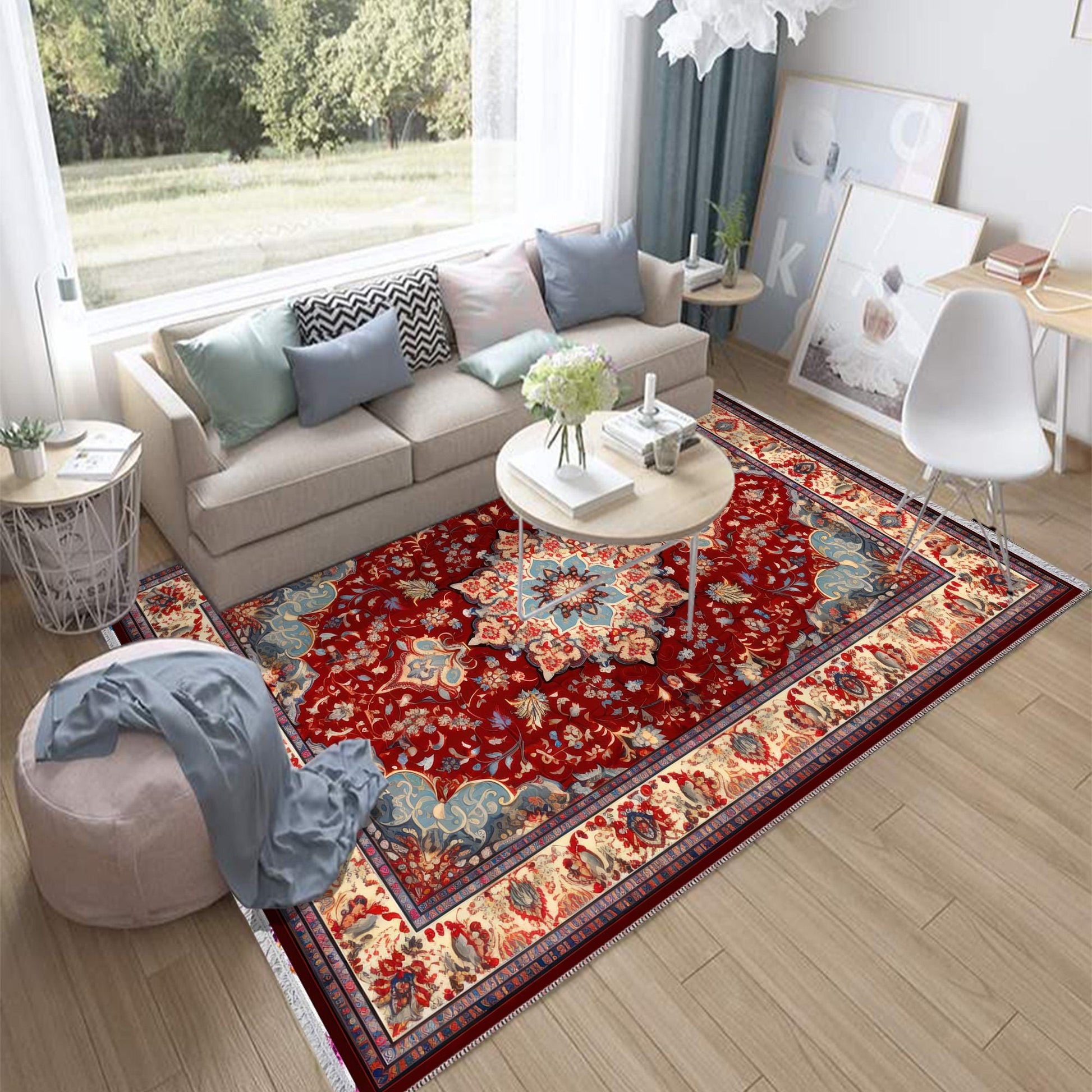 Persian Vintage Style Rug, Red Brown Green Turkish Ottoman Carpet, Soft Textured Kitchen Runner, Bohemian Area Rug for Living Room Bedroom
