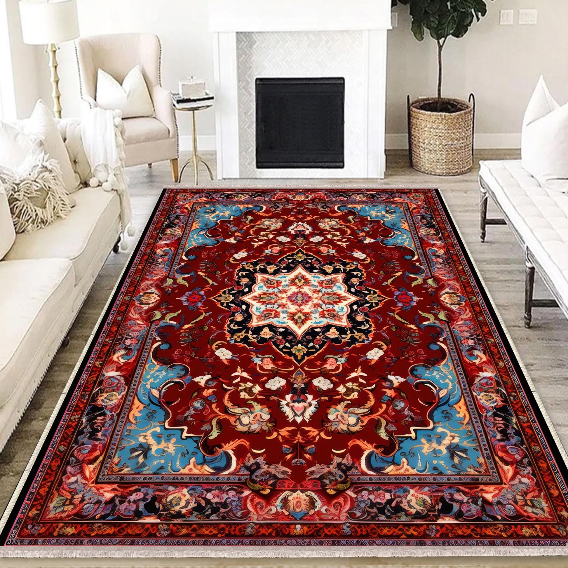 Persian Vintage Style Rug, Red Brown Green Turkish Ottoman Carpet, Soft Textured Kitchen Runner, Bohemian Area Rug for Living Room Bedroom