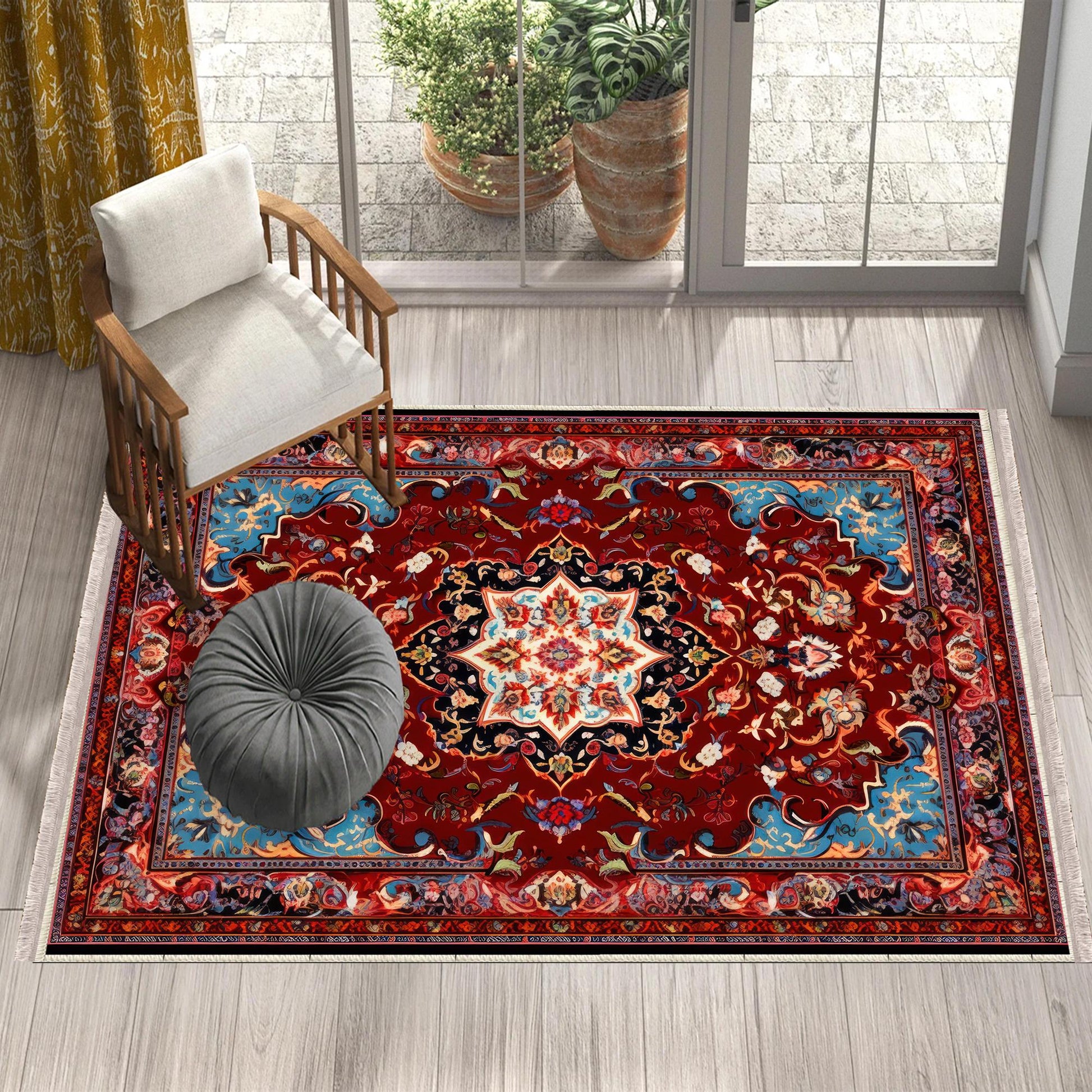 Persian Vintage Style Rug, Red Brown Green Turkish Ottoman Carpet, Soft Textured Kitchen Runner, Bohemian Area Rug for Living Room Bedroom