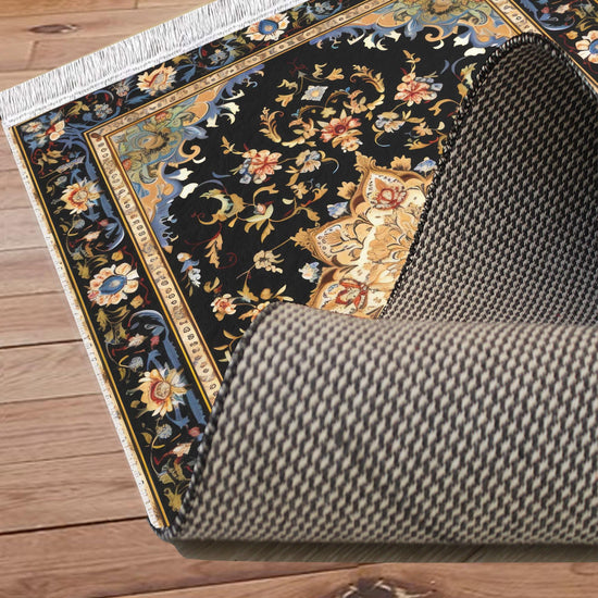 Persian Victorian Style Rug, Blue Black Turkish Ottoman Carpet, Soft Textured Kitchen Runner, Bohemian Area Rug for Living Room Bedroom