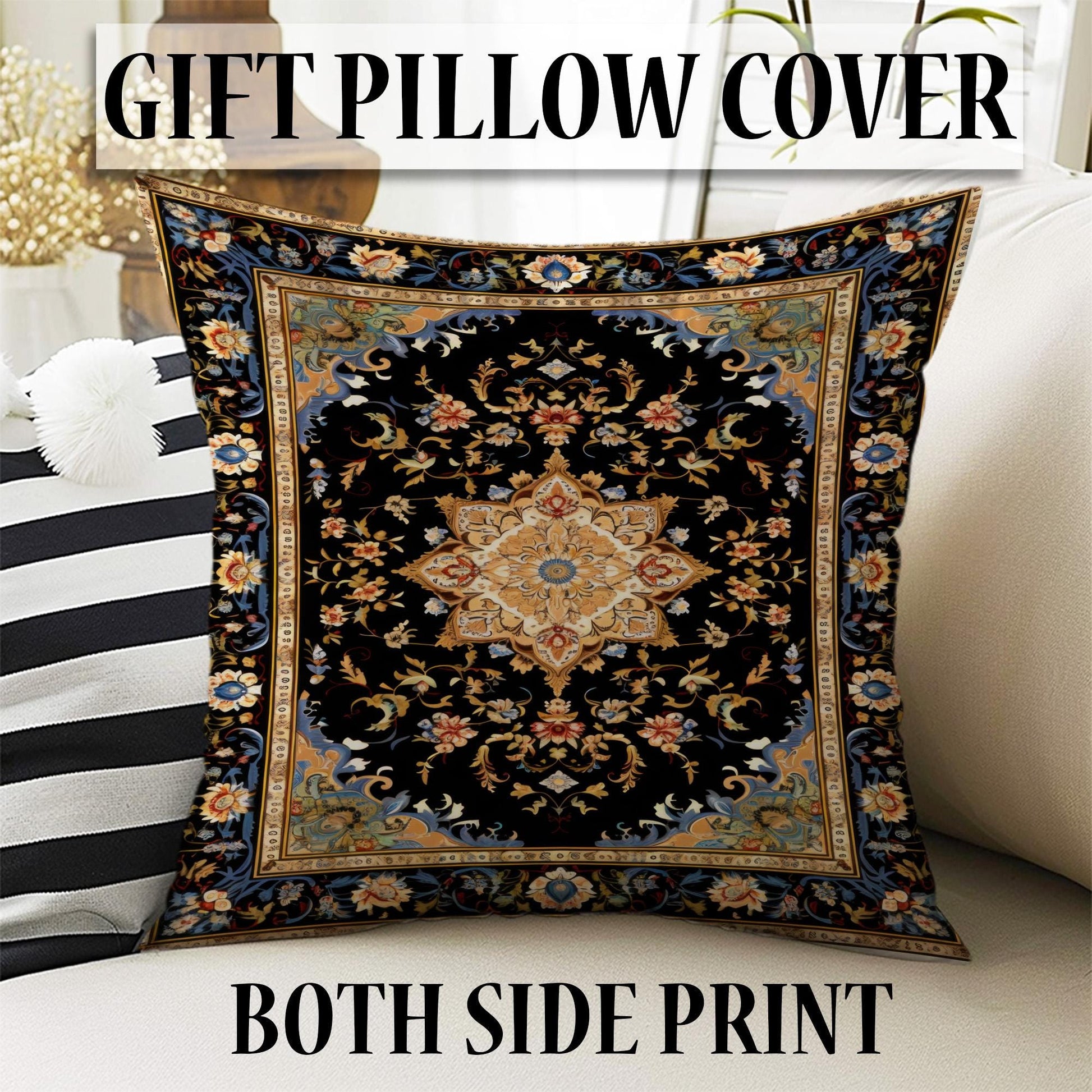 Persian Victorian Style Rug, Blue Black Turkish Ottoman Carpet, Soft Textured Kitchen Runner, Bohemian Area Rug for Living Room Bedroom
