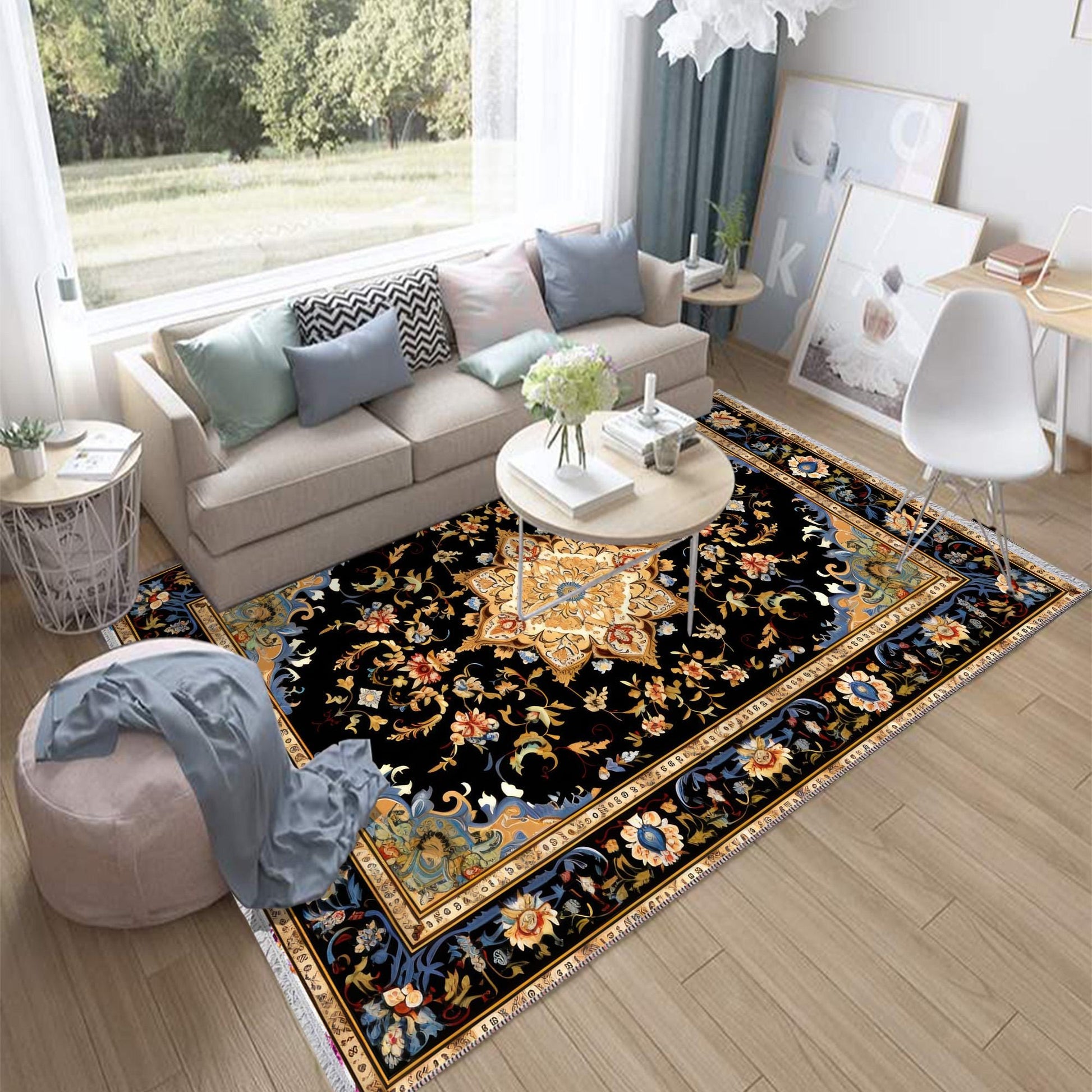 Persian Victorian Style Rug, Blue Black Turkish Ottoman Carpet, Soft Textured Kitchen Runner, Bohemian Area Rug for Living Room Bedroom