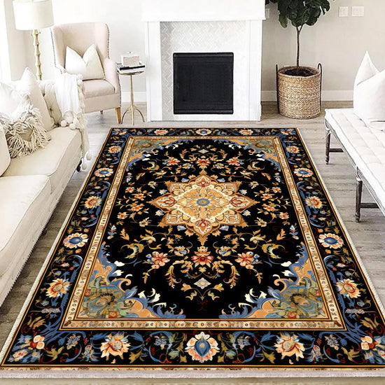 Persian Victorian Style Rug, Blue Black Turkish Ottoman Carpet, Soft Textured Kitchen Runner, Bohemian Area Rug for Living Room Bedroom