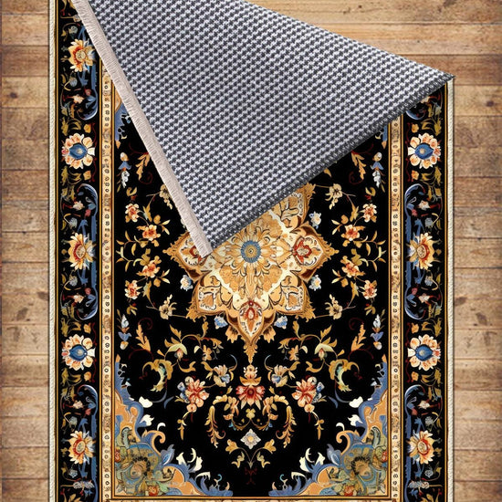 Persian Victorian Style Rug, Blue Black Turkish Ottoman Carpet, Soft Textured Kitchen Runner, Bohemian Area Rug for Living Room Bedroom