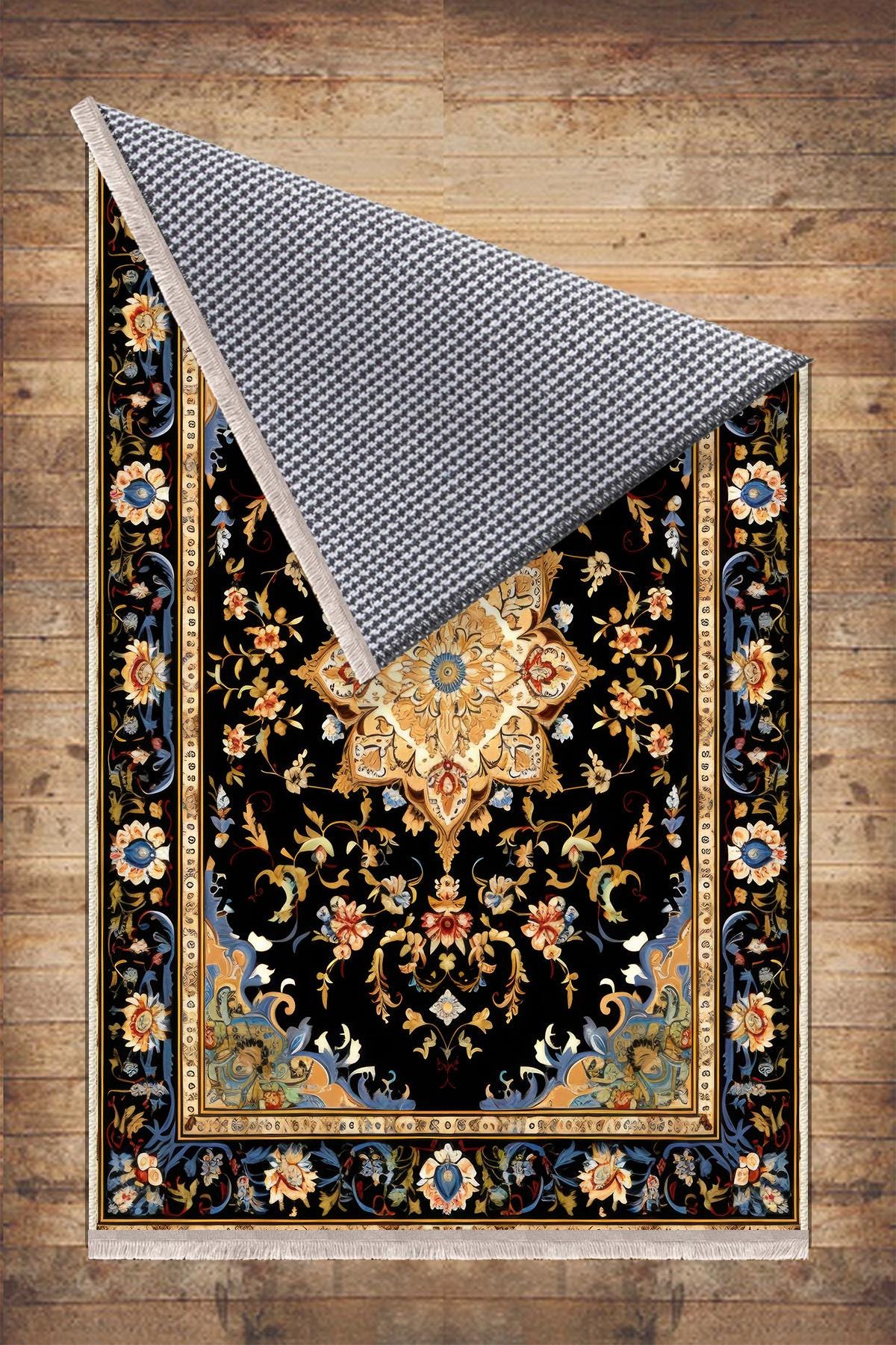 Persian Victorian Style Rug, Blue Black Turkish Ottoman Carpet, Soft Textured Kitchen Runner, Bohemian Area Rug for Living Room Bedroom