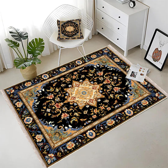 Persian Victorian Style Rug, Blue Black Turkish Ottoman Carpet, Soft Textured Kitchen Runner, Bohemian Area Rug for Living Room Bedroom