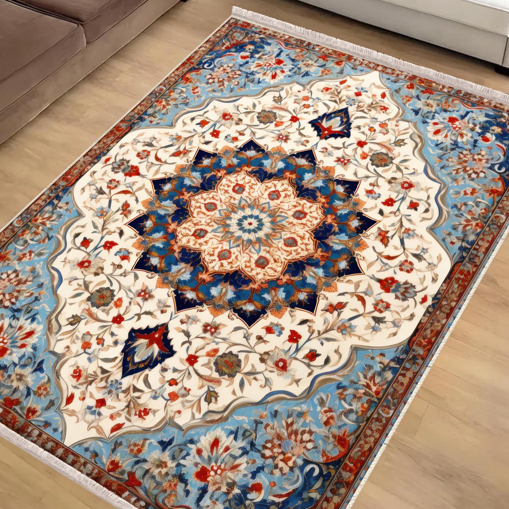 Persian Vintage Style Rug, Blue Red Turkish Ottoman Carpet, Soft Textured Kitchen Runner, Bohemian Area Rugs for Living Room & Bedroom