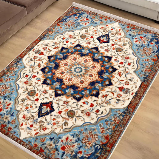 Persian Vintage Style Rug, Blue Red Turkish Ottoman Carpet, Soft Textured Kitchen Runner, Bohemian Area Rugs for Living Room & Bedroom