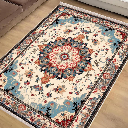 Persian Vintage Style Rug, Blue Red Brown Turkish Floral Carpet, Soft Textured Kitchen Runner, Bohemian Area Rugs for Living Room & Bedroom