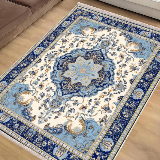 Persian Vintage Style Rug, Dark Blue Retro Turkish Floral Carpet, Soft Textured Kitchen Runner, Bohemian Area Rugs for Living Room & Bedroom