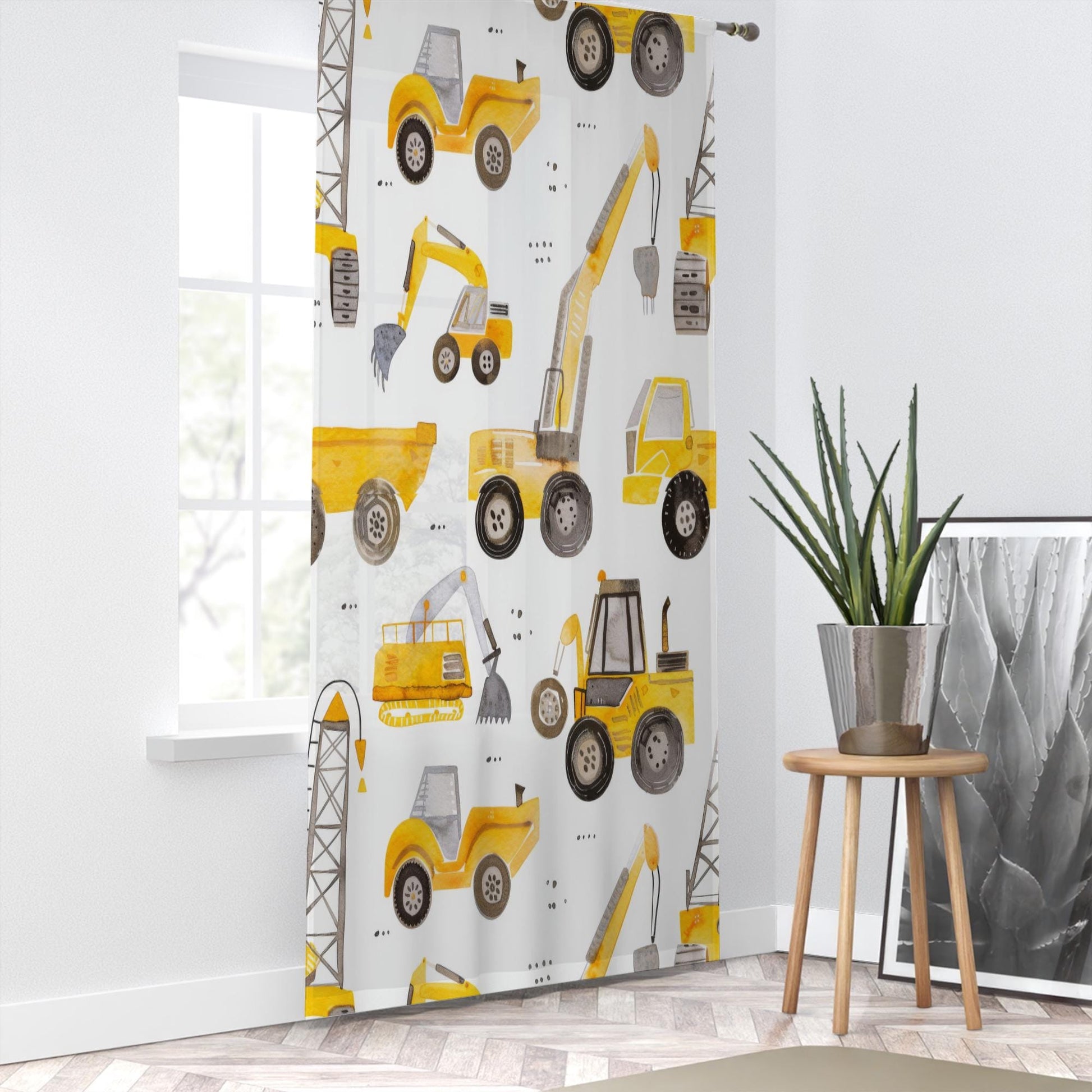 Yellow Construction Equipment Sheer Curtain for Kids Room, Lightweight Bulldozer Truck Nursery Net Voile, Kids Room Window Drapes