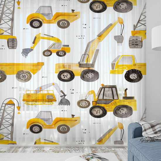 Yellow Construction Equipment Sheer Curtain for Kids Room, Lightweight Bulldozer Truck Nursery Net Voile, Kids Room Window Drapes