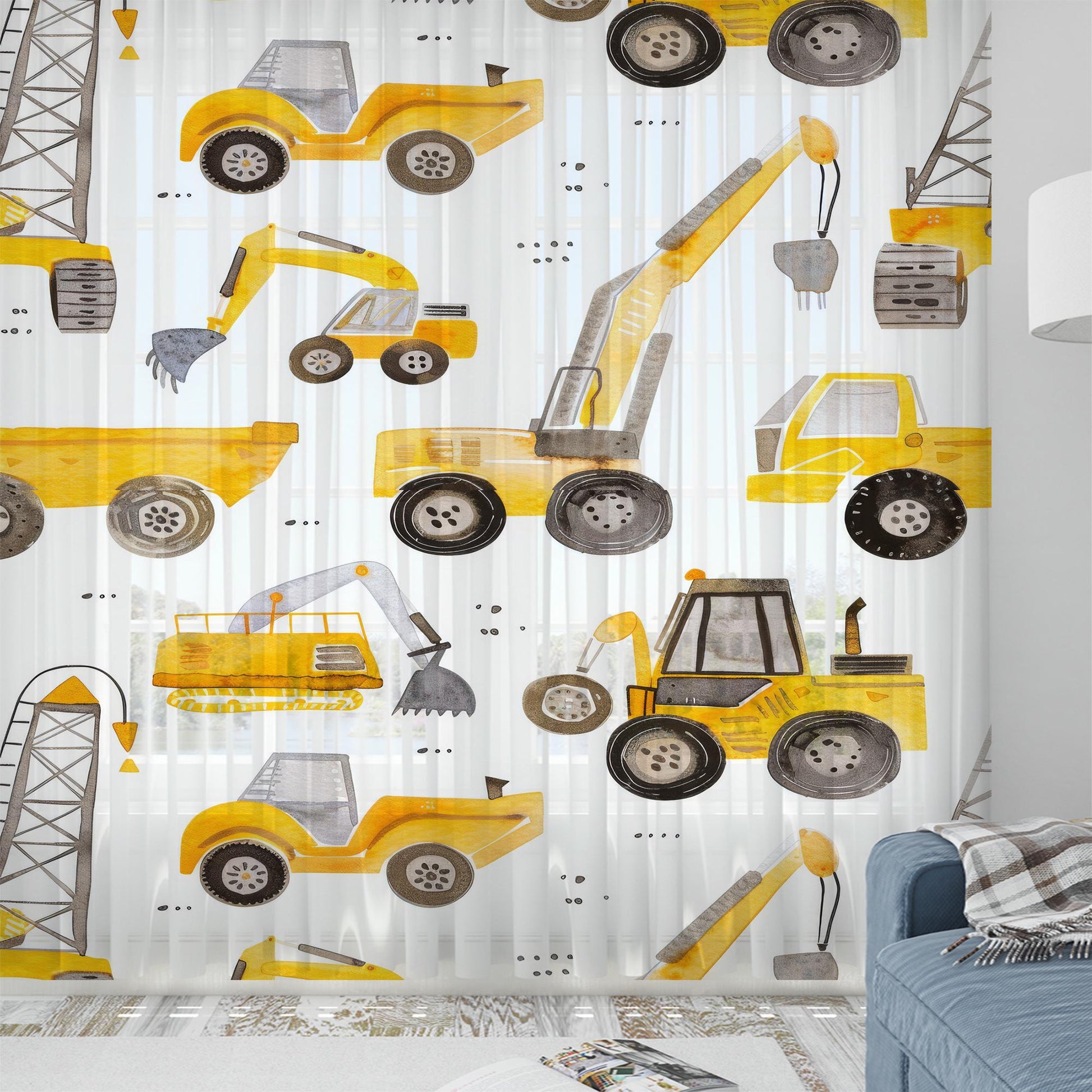 Yellow Construction Equipment Sheer Curtain for Kids Room, Lightweight Bulldozer Truck Nursery Net Voile, Kids Room Window Drapes