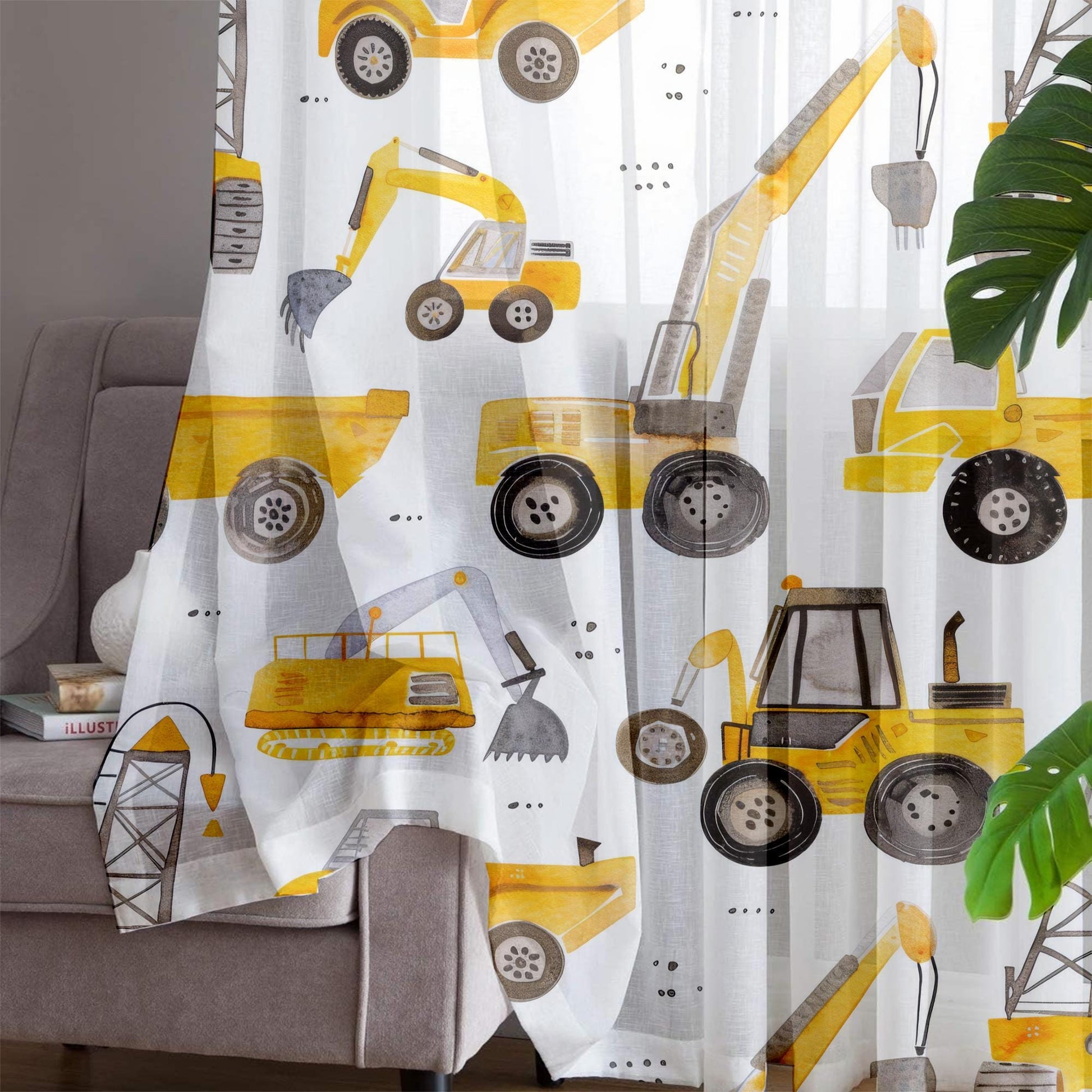 Yellow Construction Equipment Sheer Curtain for Kids Room, Lightweight Bulldozer Truck Nursery Net Voile, Kids Room Window Drapes