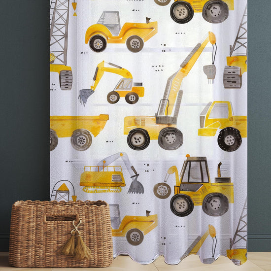 Yellow Construction Equipment Sheer Curtain for Kids Room, Lightweight Bulldozer Truck Nursery Net Voile, Kids Room Window Drapes