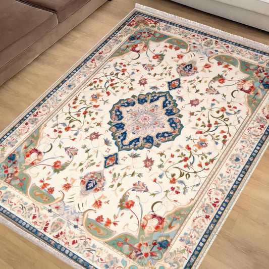 Persian Vintage Style Rug, Cream Red Green Turkish Floral Carpet, Soft Textured Kitchen Runner, Bohemian Area Rugs for Living Room & Bedroom