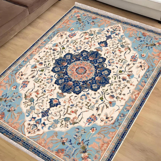 Persian Vintage Style Rug, Blue Cream Brown Turkish Floral Carpet, Soft Textured Kitchen Runner, Bohemian Area Rugs for Living Room Bedroom