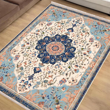 Persian Vintage Style Rug, Blue Cream Brown Turkish Floral Carpet, Soft Textured Kitchen Runner, Bohemian Area Rugs for Living Room Bedroom