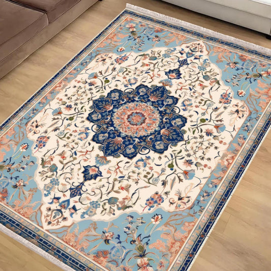 Persian Vintage Style Rug, Blue Cream Brown Turkish Floral Carpet, Soft Textured Kitchen Runner, Bohemian Area Rugs for Living Room Bedroom