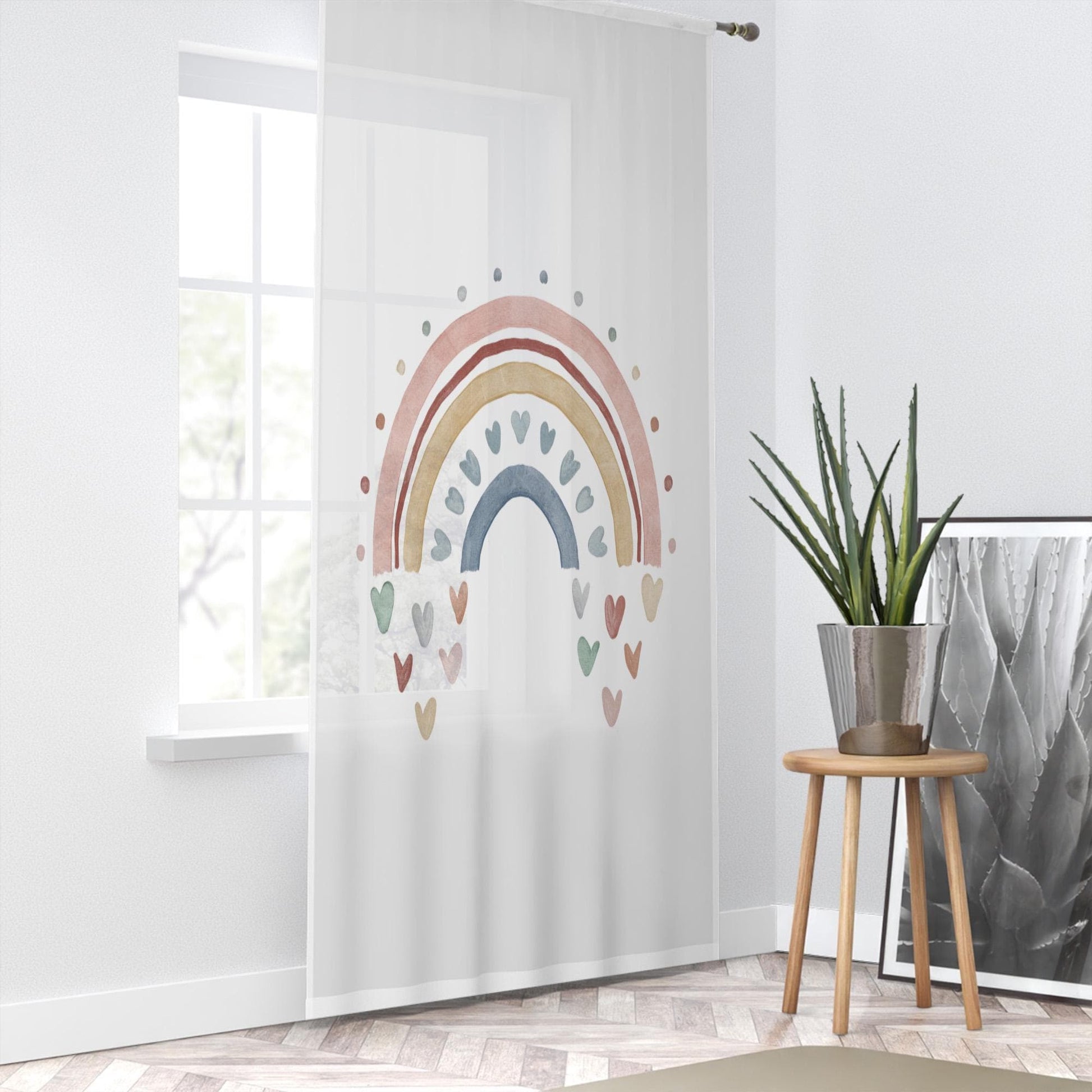 Boho Hearts Rainbow Sheer Curtain for Kids Room, Lightweight Pastel Color Baby Nursery Net Voile, Kids Room Window Drapes