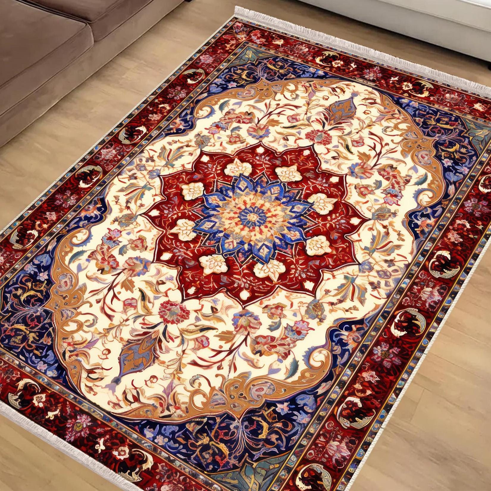 Persian Vintage Style Rug, Blue Red Burgundy Turkish Ottoman Carpet, Soft Textured Kitchen Runner Bohemian Area Rug for Living Room Bedroom