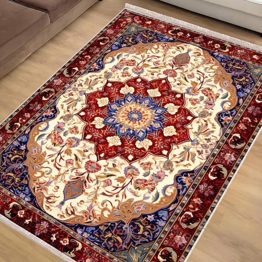 Persian Vintage Style Rug, Blue Red Burgundy Turkish Ottoman Carpet, Soft Textured Kitchen Runner Bohemian Area Rug for Living Room Bedroom