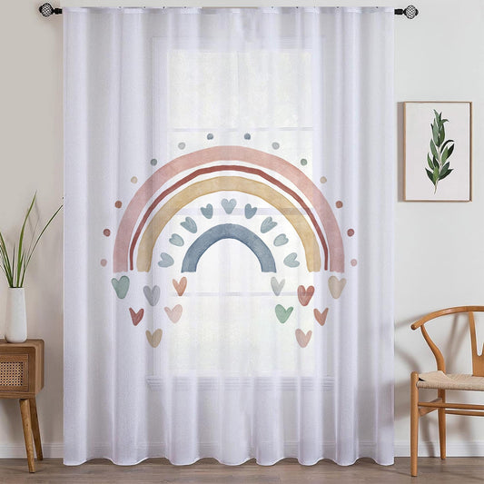 Boho Hearts Rainbow Sheer Curtain for Kids Room, Lightweight Pastel Color Baby Nursery Net Voile, Kids Room Window Drapes