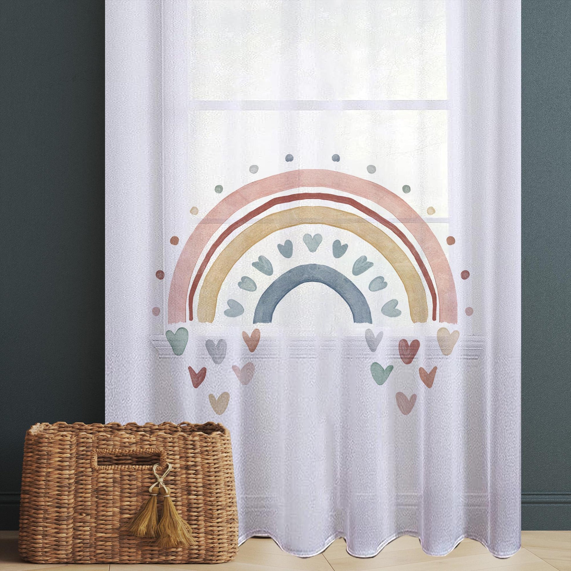 Boho Hearts Rainbow Sheer Curtain for Kids Room, Lightweight Pastel Color Baby Nursery Net Voile, Kids Room Window Drapes
