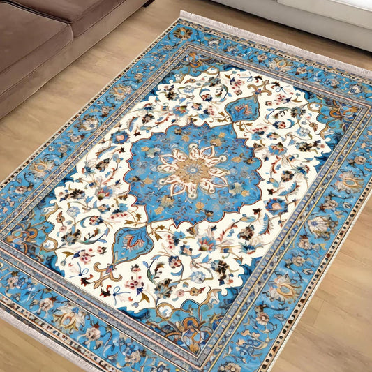 Persian Vintage Style Rug, Blue Ethnic Turkish Floral Carpet, Soft Textured Kitchen Runner, Bohemian Area Rugs for Living Room Bedroom