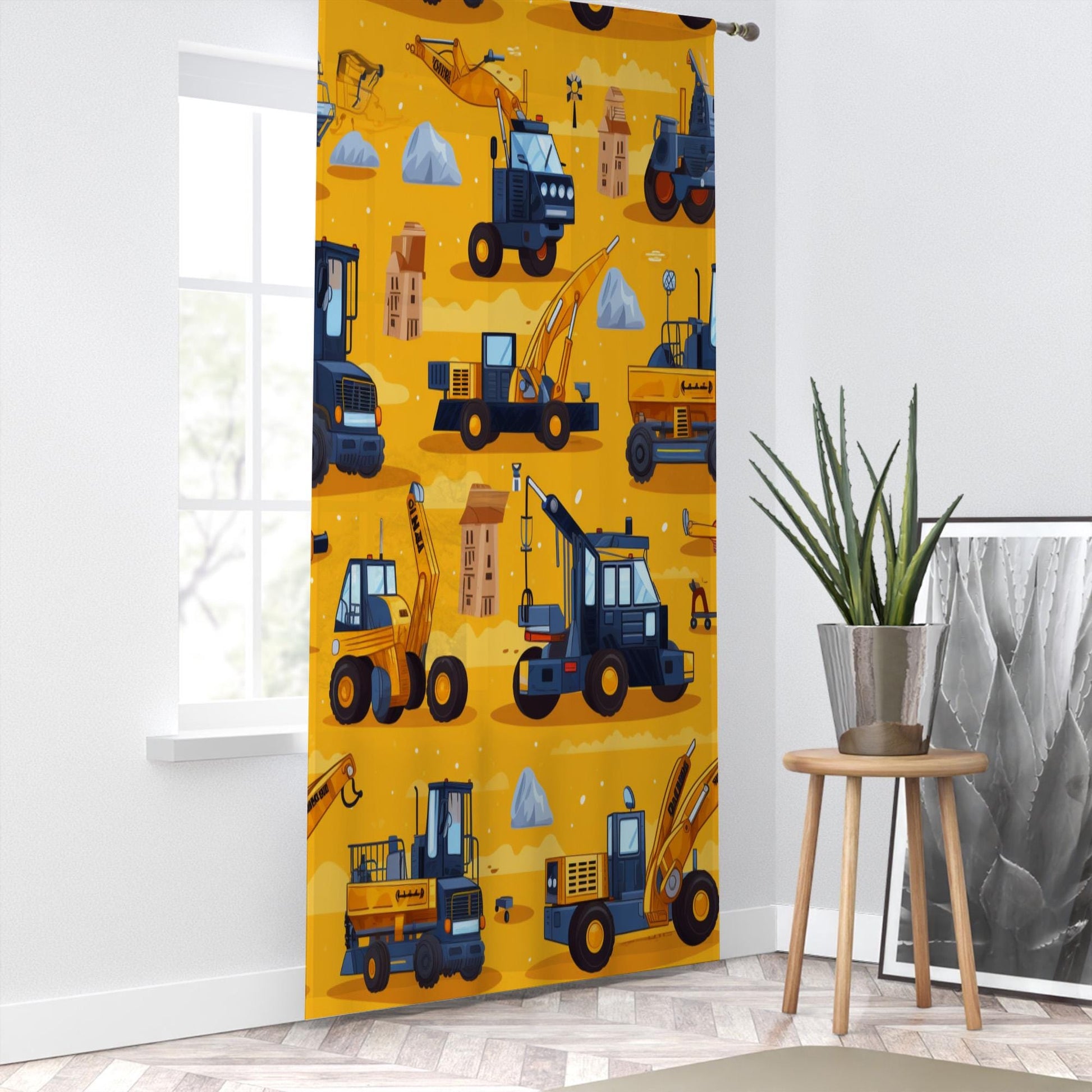 Yellow Construction Equipment  Sheer Curtain for Kids Room, Lightweight Work Machine Nursery Net Voile, Kids Room Window Drapes
