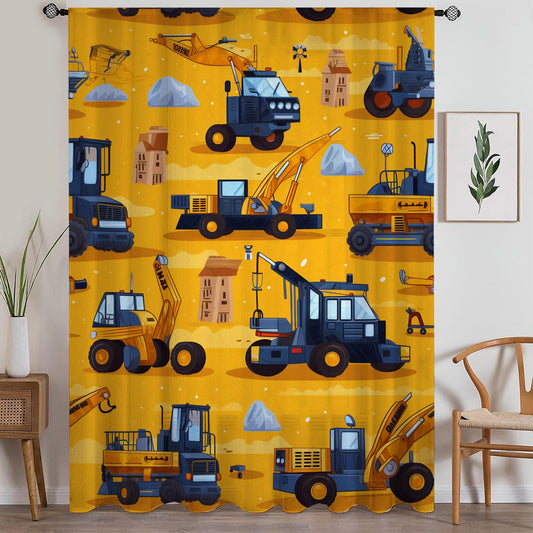 Yellow Construction Equipment  Sheer Curtain for Kids Room, Lightweight Work Machine Nursery Net Voile, Kids Room Window Drapes