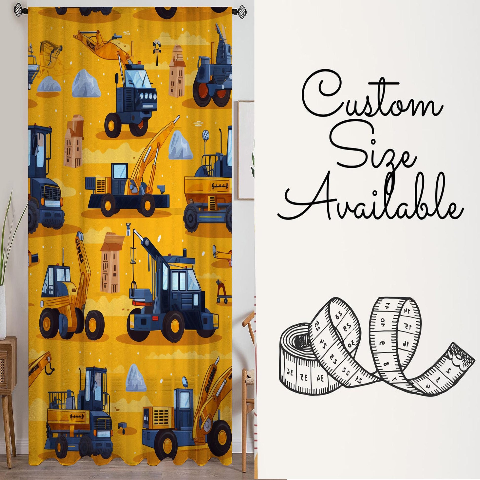Yellow Construction Equipment  Sheer Curtain for Kids Room, Lightweight Work Machine Nursery Net Voile, Kids Room Window Drapes