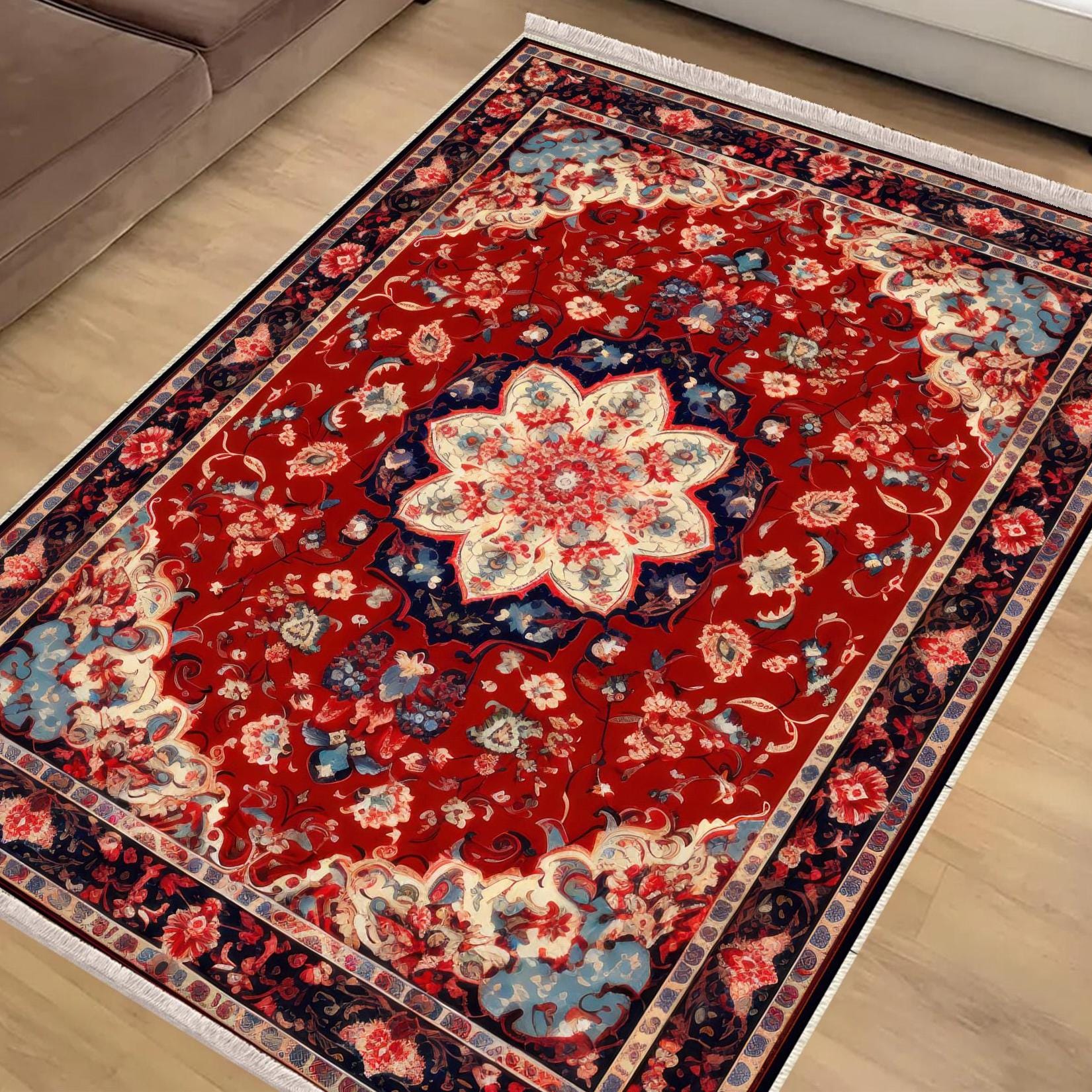 Persian Vintage Style Rug, Red Burgundy Turkish Ottoman Carpet, Soft Textured Kitchen Runner, Bohemian Area Rug for Living Room Bedroom