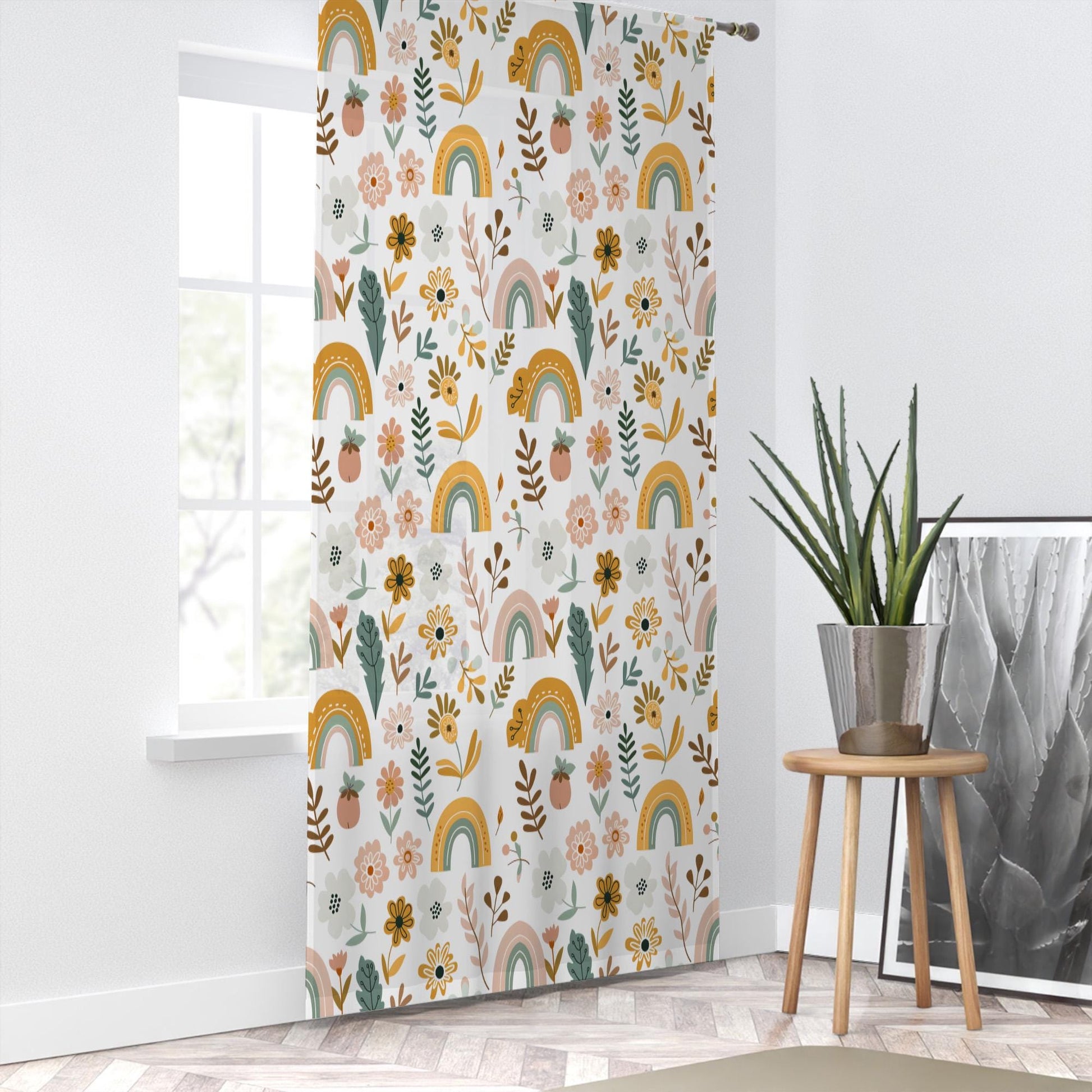 Boho Colorful Rainbow Sheer Curtain for Kids Room, Lightweight Floral Flowers Nursery Net Voile, Kids Room Window Drapes