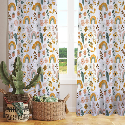 Boho Colorful Rainbow Sheer Curtain for Kids Room, Lightweight Floral Flowers Nursery Net Voile, Kids Room Window Drapes