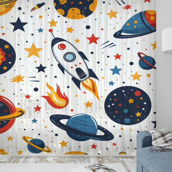 Space Galaxy Planet Stars Sheer Curtain for Kids Room, Lightweight Spaceship Rocket Nursery Net Voile, Kids Room Window Drapes