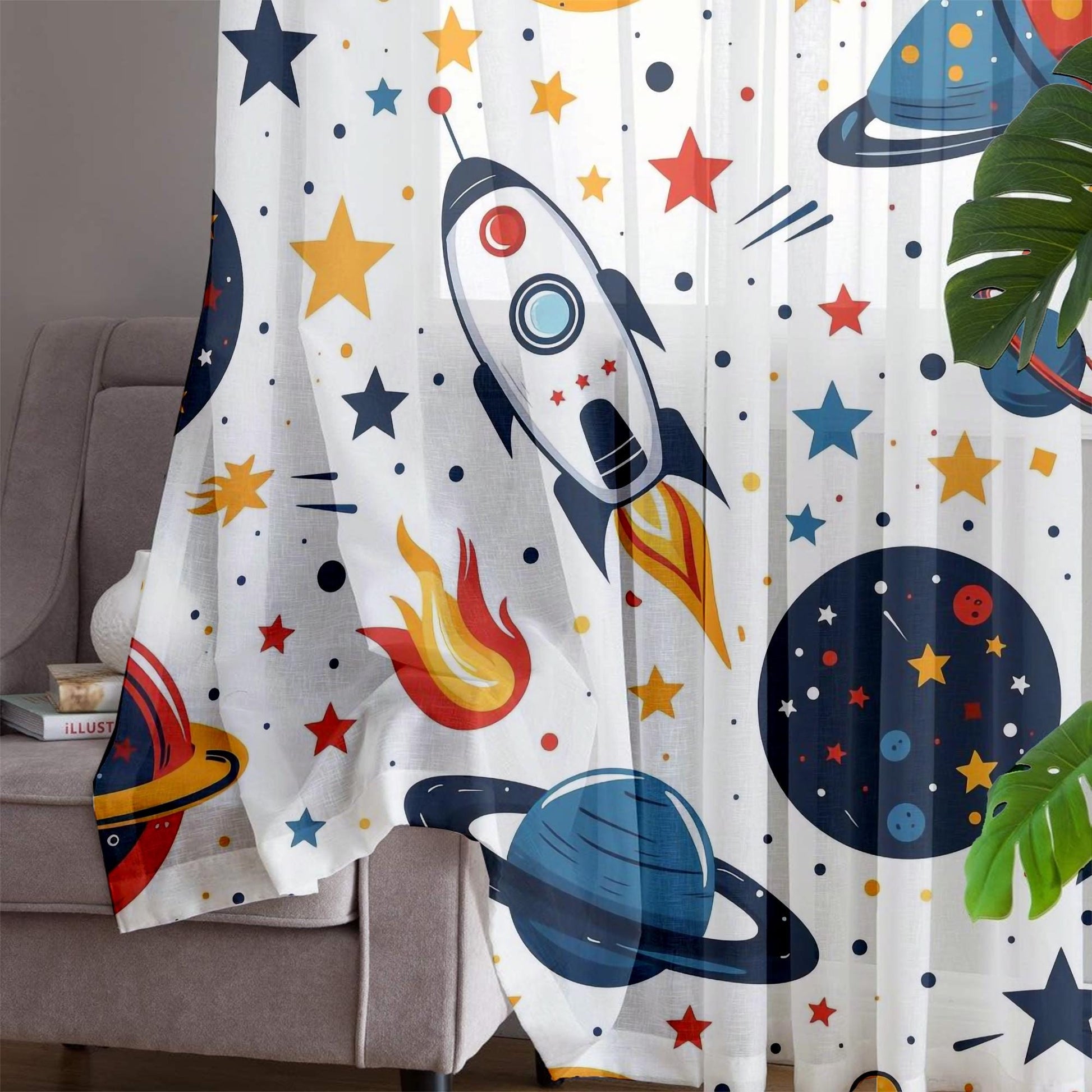 Space Galaxy Planet Stars Sheer Curtain for Kids Room, Lightweight Spaceship Rocket Nursery Net Voile, Kids Room Window Drapes