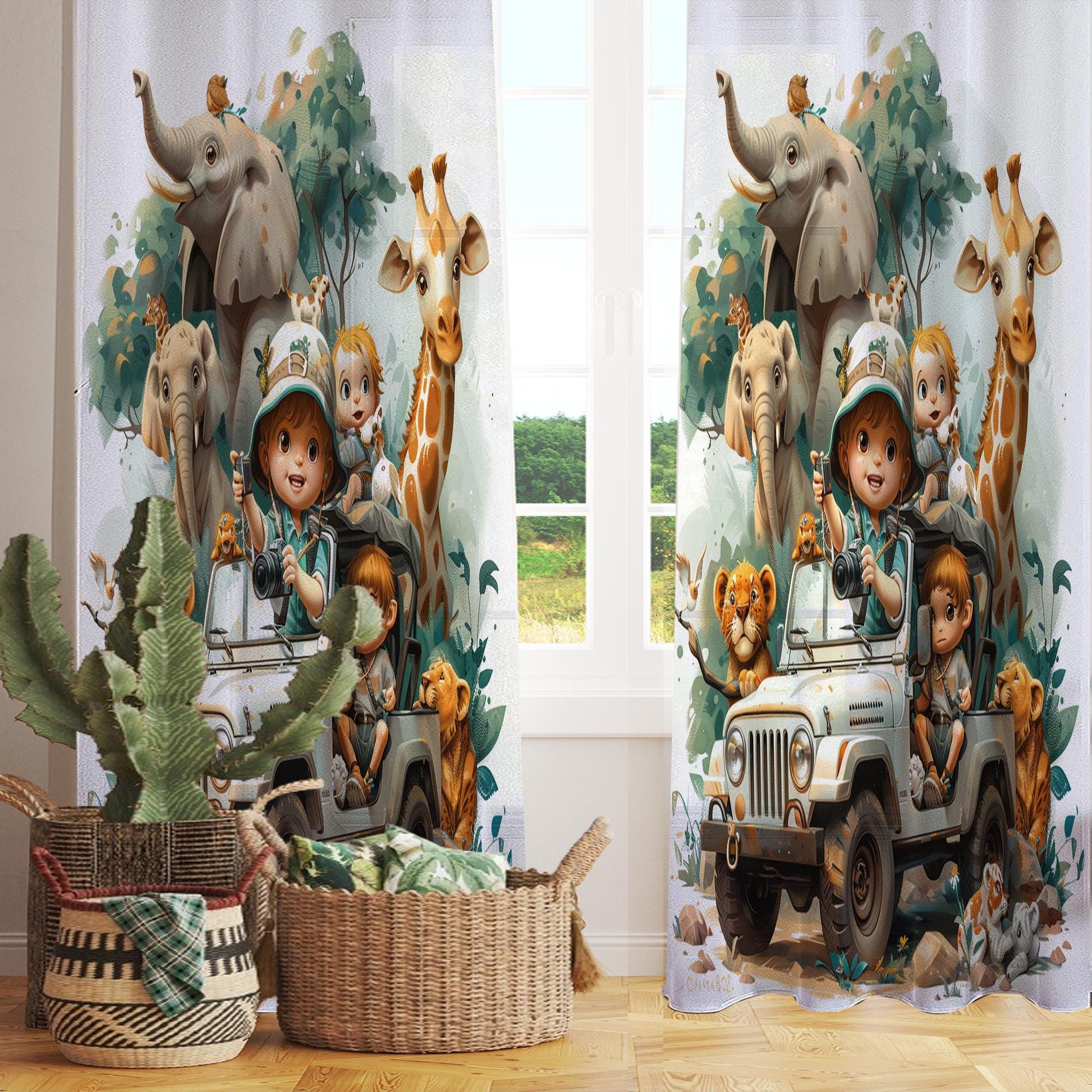 Safari Woodland Animals Sheer Curtain for Kids Room, Lightweight Giraffe Elephants Leon Nursery Net Voile, Kids Room Window Drapes