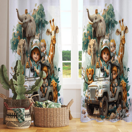 Safari Woodland Animals Sheer Curtain for Kids Room, Lightweight Giraffe Elephants Leon Nursery Net Voile, Kids Room Window Drapes