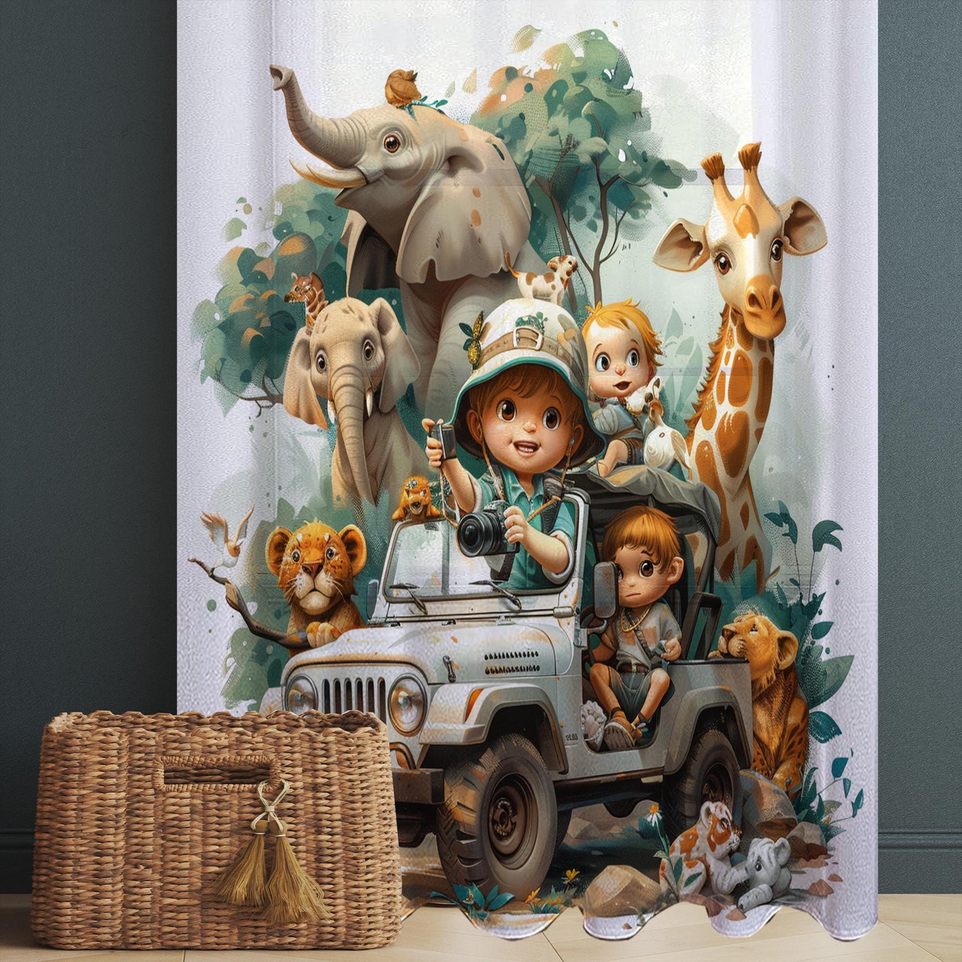 Safari Woodland Animals Sheer Curtain for Kids Room, Lightweight Giraffe Elephants Leon Nursery Net Voile, Kids Room Window Drapes