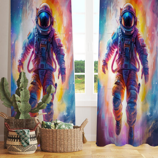 Astronaut Sheer Curtain for Kids Room, Lightweight Colorful Space Nursery Net Voile, Kids Room Window Drapes