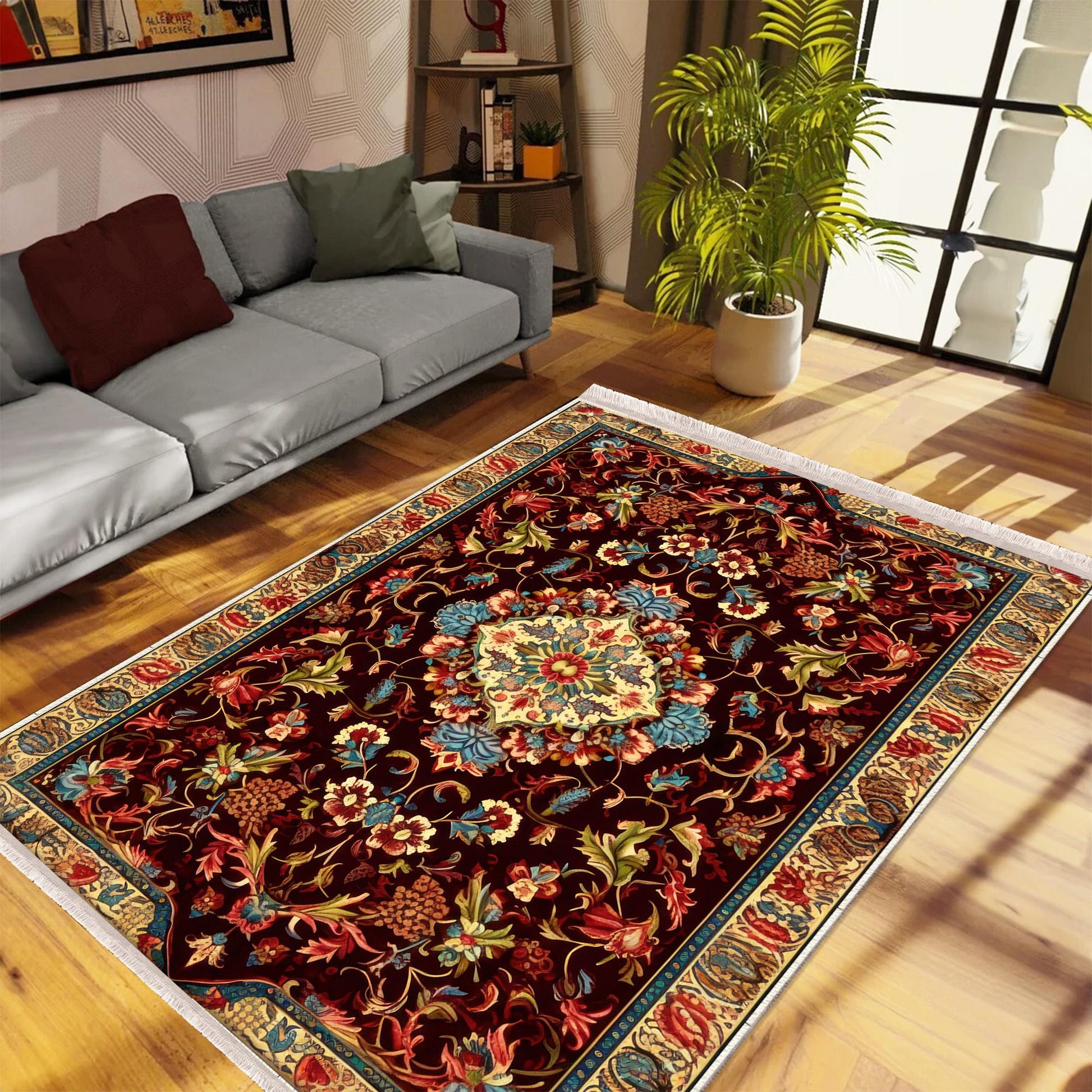 Persian Floral Victorian Rug, Brown Turkish Medieval Carpet, Soft Textured Kitchen Runner, Bohemian Area Rug for Living Room Bedroom
