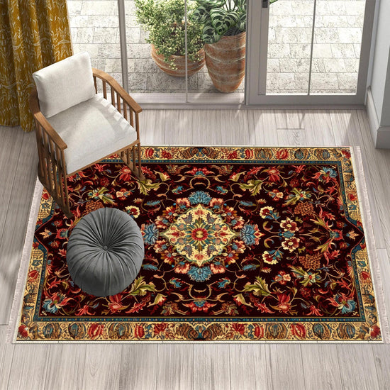 Persian Floral Victorian Rug, Brown Turkish Medieval Carpet, Soft Textured Kitchen Runner, Bohemian Area Rug for Living Room Bedroom