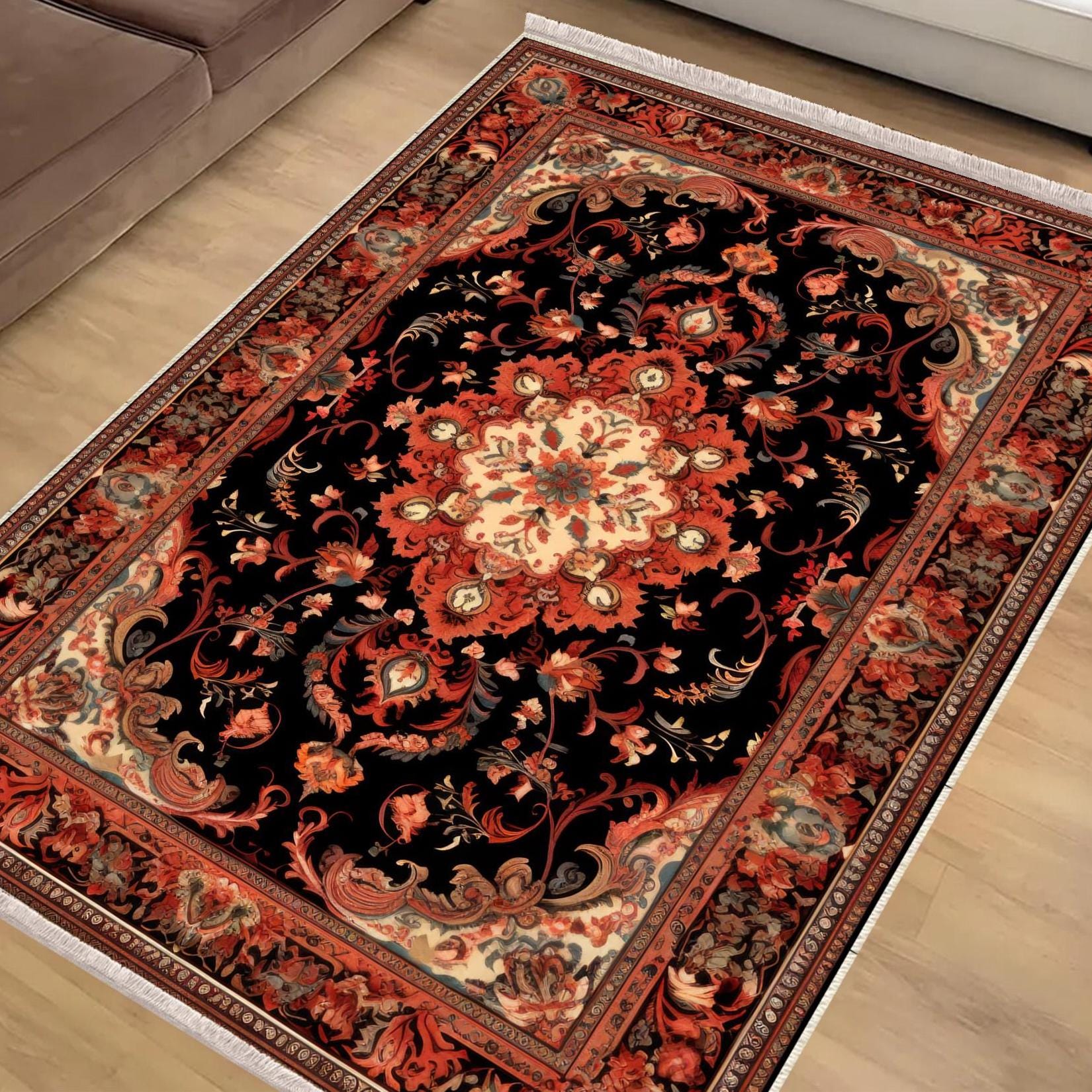 Persian Floral Victorian Rug, Brown Orange Turkish Medieval Carpet, Soft Textured Kitchen Runner, Bohemian Area Rug for Living Room Bedroom