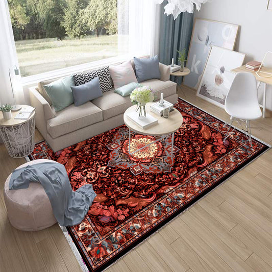 Persian Floral Victorian Rug, Red Burgundy Turkish Medieval Carpet, Soft Textured Kitchen Runner, Bohemian Area Rug for Living Room Bedroom