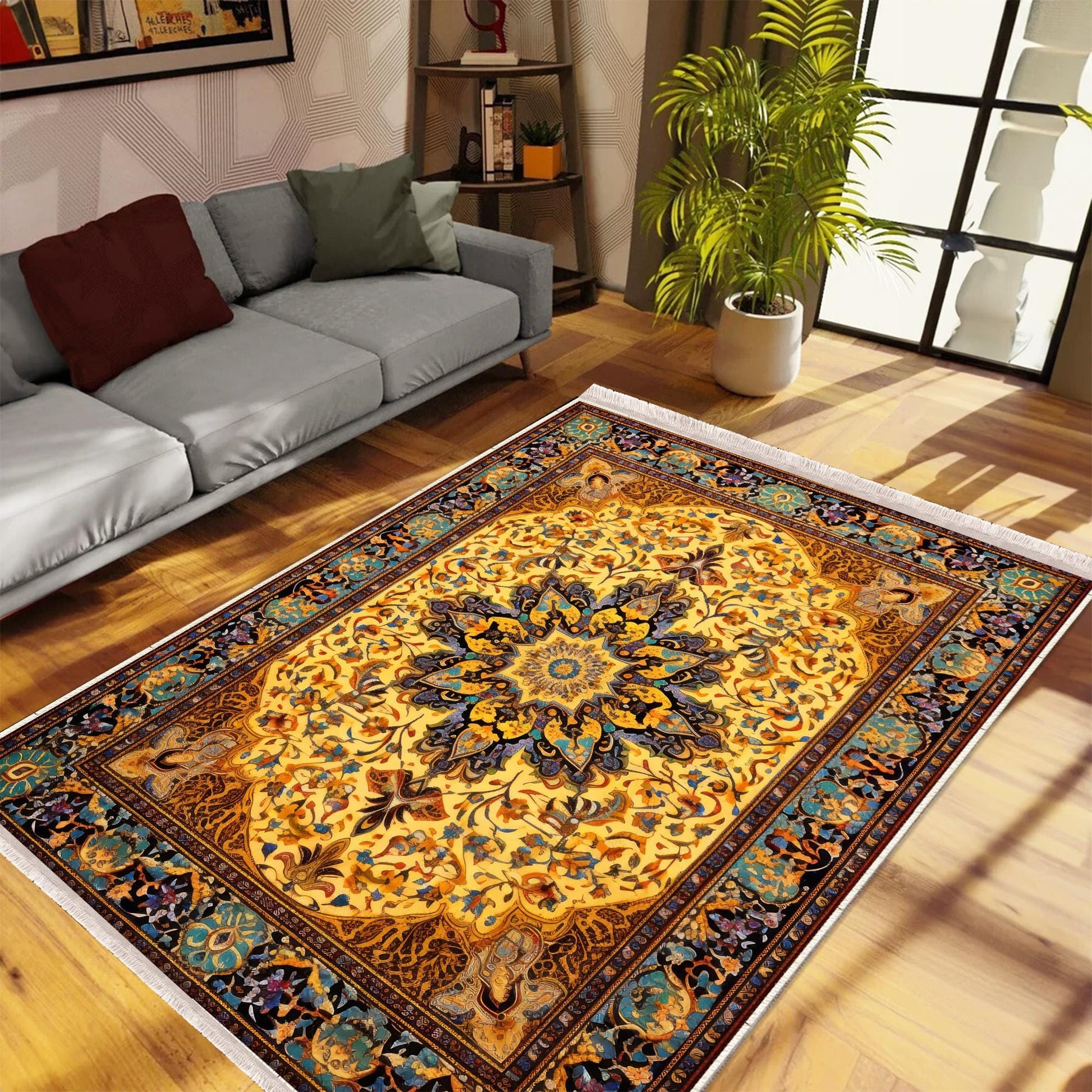 Persian Ethnic Victorian Tribal Rug - Brown Yellow Green Turkish Medieval Carpet, Soft Textured Kitchen Runner Bohemian Area Rug