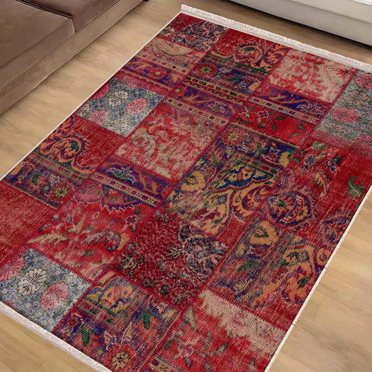 Burgundy Red Patchwork Design Kilim Area Rug Runner, Boho Accent Carpet, Unique Room Mat, Washable Anti-Slip Rug with pillow case gift