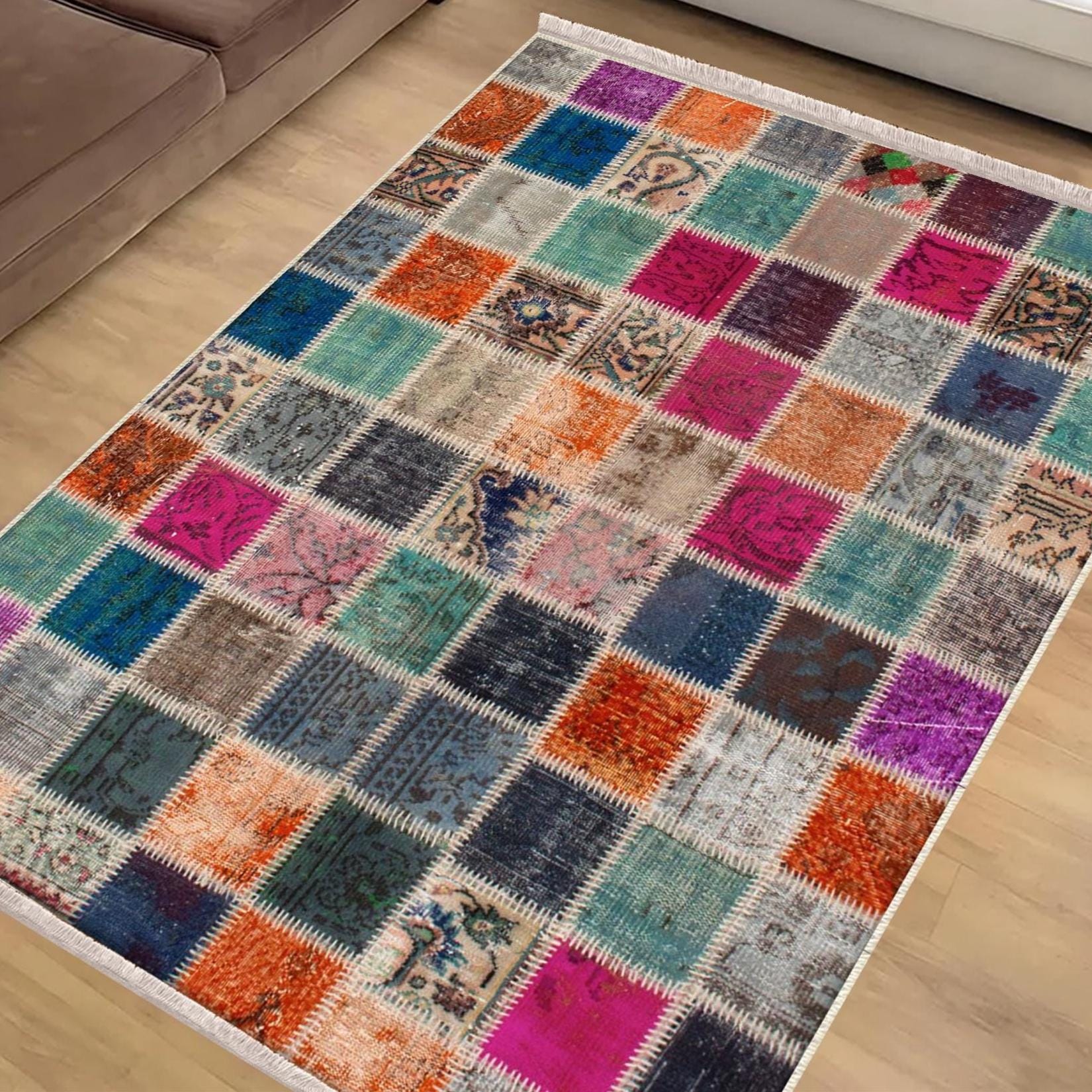 Colorful Ethnic Patchwork Design Kilim Area Rug Runner, Boho Accent Carpet, Unique Room Mat, Washable Anti-Slip Rug with pillow case gift