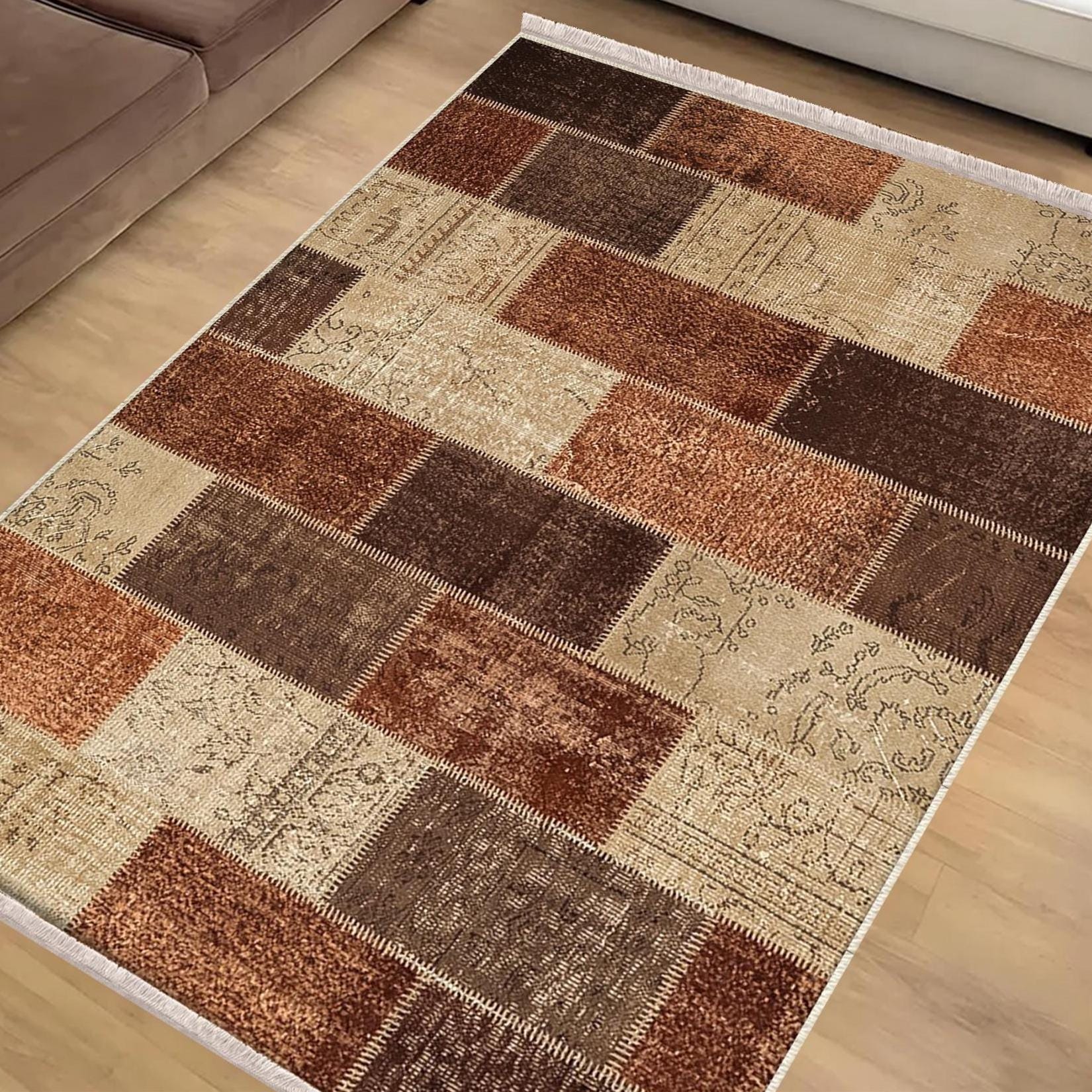 Brown Retro Kilim Area Rug Runner, Boho Patchwork Accent Carpet, Washable Anti-Slip Hallway Mat with Free Pillow Case Gift