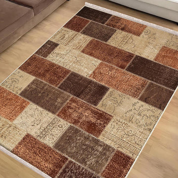 Brown Retro Kilim Area Rug Runner, Boho Patchwork Accent Carpet, Washable Anti-Slip Hallway Mat with Free Pillow Case Gift